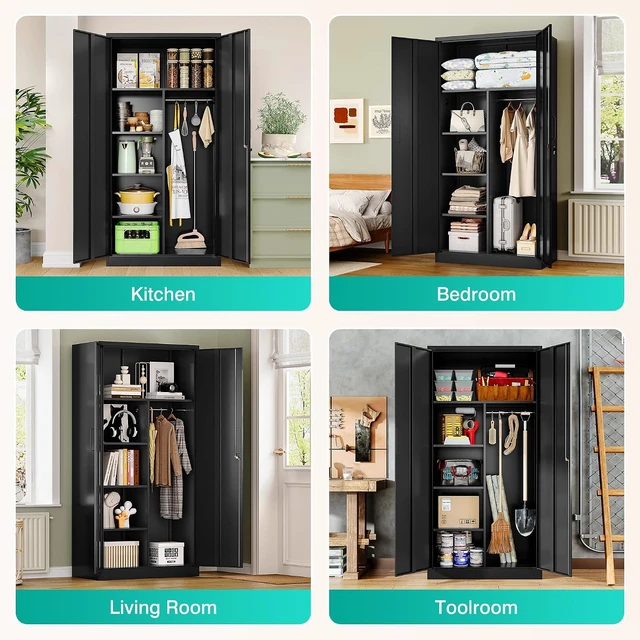 Alt view image 3 of 7 - Wide & Deep Metal Storage Cabinet with Hanging Rod,Black Broom Closet Storage Cabinet with Lock,72" Tall Wardrobe Cabinets with Doors and Shelves,Locking Steel Tool Cabinets for Home,Office,Garage