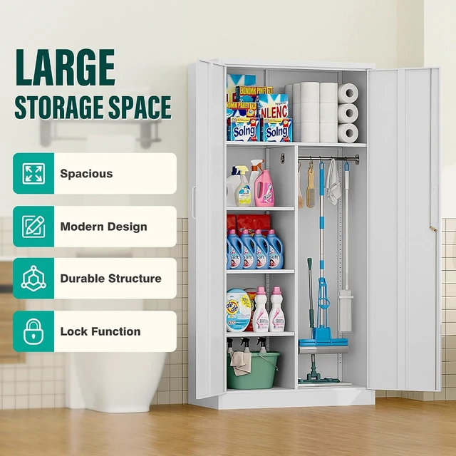 Alt view image 6 of 7 - Wide & Deep Metal Storage Cabinet with Hanging Rod,Black Broom Closet Storage Cabinet with Lock,72" Tall Wardrobe Cabinets with Doors and Shelves,Locking Steel Tool Cabinets for Home,Office,Garage
