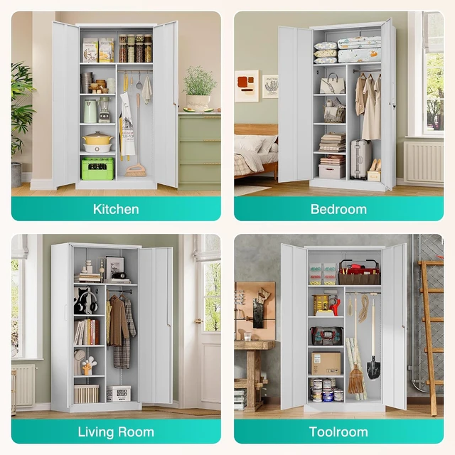 Alt view image 2 of 7 - Wide & Deep Metal Storage Cabinet with Hanging Rod,Black Broom Closet Storage Cabinet with Lock,72" Tall Wardrobe Cabinets with Doors and Shelves,Locking Steel Tool Cabinets for Home,Office,Garage