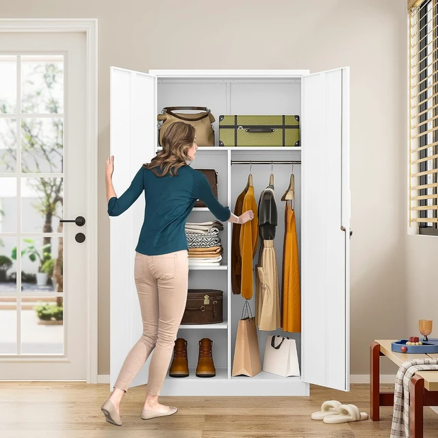 Alt view image 4 of 7 - Wide & Deep Metal Storage Cabinet with Hanging Rod,Black Broom Closet Storage Cabinet with Lock,72" Tall Wardrobe Cabinets with Doors and Shelves,Locking Steel Tool Cabinets for Home,Office,Garage