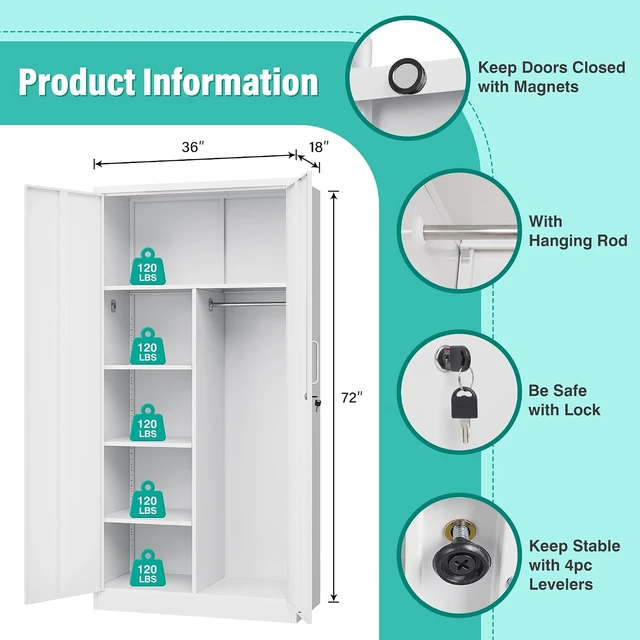 Alt view image 3 of 7 - Wide & Deep Metal Storage Cabinet with Hanging Rod,Black Broom Closet Storage Cabinet with Lock,72" Tall Wardrobe Cabinets with Doors and Shelves,Locking Steel Tool Cabinets for Home,Office,Garage