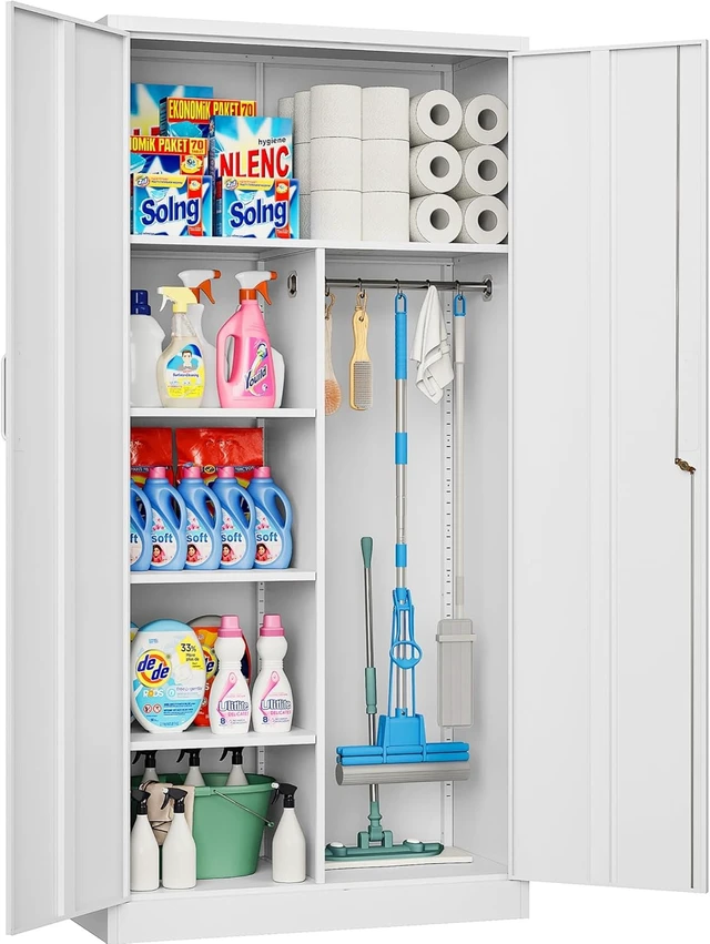Alt view image 7 of 7 - Wide & Deep Metal Storage Cabinet with Hanging Rod,Black Broom Closet Storage Cabinet with Lock,72" Tall Wardrobe Cabinets with Doors and Shelves,Locking Steel Tool Cabinets for Home,Office,Garage