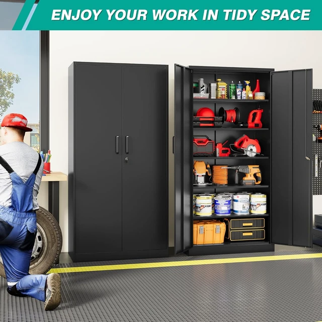 Alt view image 3 of 7 - Wide & Deep Metal Storage Cabinet with 2 Doors and 5 Adjustable Shelves,White Locking Metal Cabinet,Large Garage Storage Cabinets,Lockable Tall Pantry Cabinets for Home,Office,Garage,Shop 72x36x18