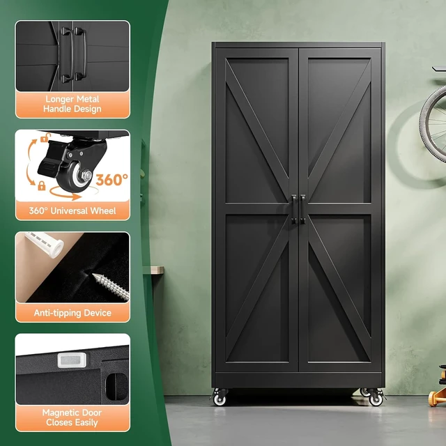 Alt view image 3 of 7 - Metal Garage Storage Cabinet with Wheels,72" Tool Steel Locker, 2 Doors and 4 Shelves,18D x 34W x 72H,Rolling Metal Cabinet for Warehouse,Utility Room,Laundry,Kitchen,Outdoor,Home Office