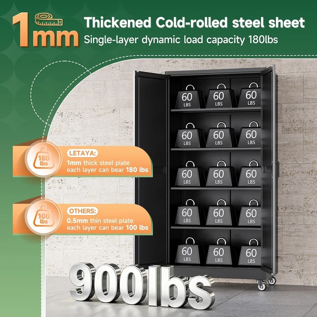 Alt view image 2 of 7 - Metal Garage Storage Cabinet with Wheels,72" Tool Steel Locker, 2 Doors and 4 Shelves,18D x 34W x 72H,Rolling Metal Cabinet for Warehouse,Utility Room,Laundry,Kitchen,Outdoor,Home Office