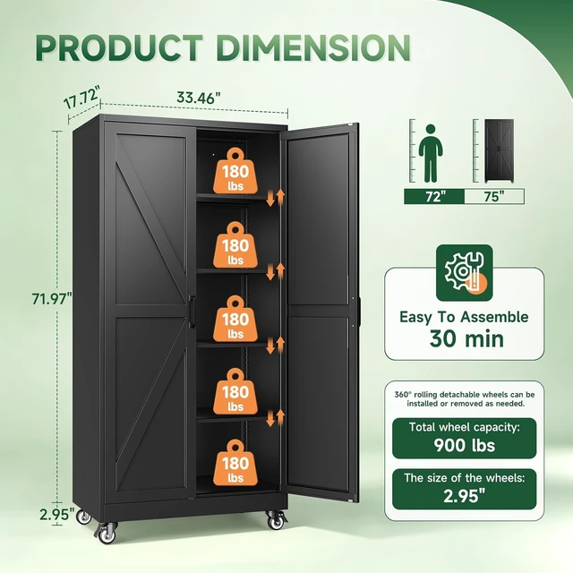 Alt view image 5 of 7 - Metal Garage Storage Cabinet with Wheels,72" Tool Steel Locker, 2 Doors and 4 Shelves,18D x 34W x 72H,Rolling Metal Cabinet for Warehouse,Utility Room,Laundry,Kitchen,Outdoor,Home Office