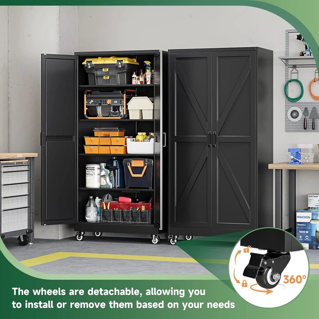 Alt view image 7 of 7 - Metal Garage Storage Cabinet with Wheels,72" Tool Steel Locker, 2 Doors and 4 Shelves,18D x 34W x 72H,Rolling Metal Cabinet for Warehouse,Utility Room,Laundry,Kitchen,Outdoor,Home Office
