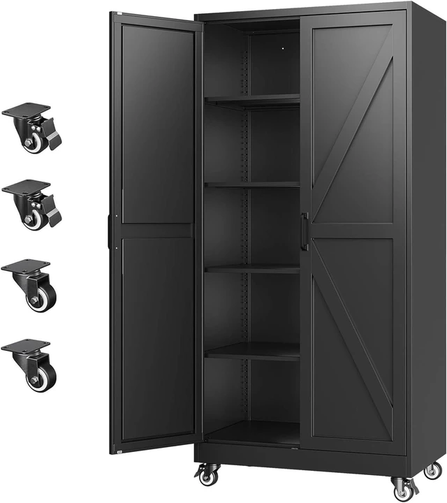 Main image of Metal Garage Storage Cabinet with Wheels,72" Tool Steel Locker, 2 Doors and 4 Shelves,18D x 34W x 72H,Rolling Metal Cabinet for Warehouse,Utility Room,Laundry,Kitchen,Outdoor,Home Office
