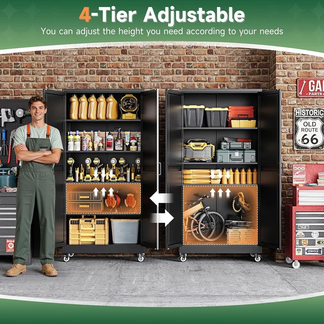 Alt view image 4 of 7 - Metal Garage Storage Cabinet with Wheels,72" Tool Steel Locker, 2 Doors and 4 Shelves,18D x 34W x 72H,Rolling Metal Cabinet for Warehouse,Utility Room,Laundry,Kitchen,Outdoor,Home Office