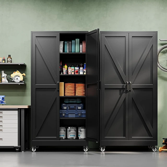 Alt view image 6 of 7 - Metal Garage Storage Cabinet with Wheels,72" Tool Steel Locker, 2 Doors and 4 Shelves,18D x 34W x 72H,Rolling Metal Cabinet for Warehouse,Utility Room,Laundry,Kitchen,Outdoor,Home Office