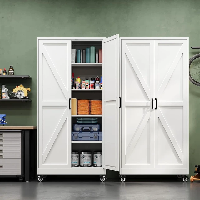 Alt view image 2 of 7 - Metal Garage Storage Cabinet with Wheels,72" Tool Steel Locker, 2 Doors and 4 Shelves,18D x 34W x 72H,Rolling Metal Cabinet for Warehouse,Utility Room,Laundry,Kitchen,Outdoor,Home Office White