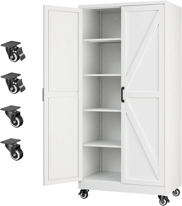 Main image of Metal Garage Storage Cabinet with Wheels,72" Tool Steel Locker, 2 Doors and 4 Shelves,18D x 34W x 72H,Rolling Metal Cabinet for Warehouse,Utility Room,Laundry,Kitchen,Outdoor,Home Office White
