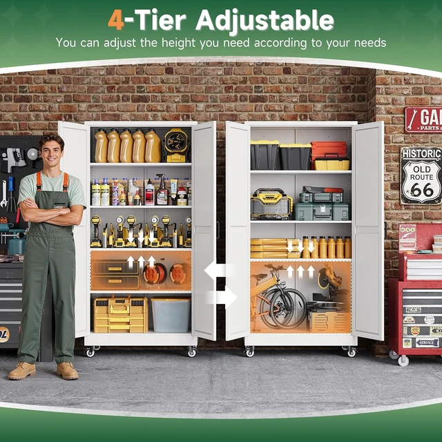 Alt view image 3 of 7 - Metal Garage Storage Cabinet with Wheels,72" Tool Steel Locker, 2 Doors and 4 Shelves,18D x 34W x 72H,Rolling Metal Cabinet for Warehouse,Utility Room,Laundry,Kitchen,Outdoor,Home Office White