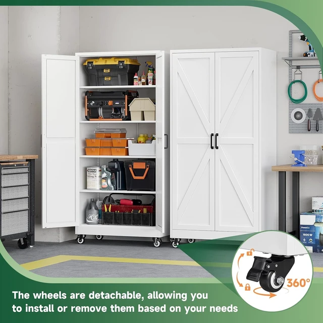 Alt view image 6 of 7 - Metal Garage Storage Cabinet with Wheels,72" Tool Steel Locker, 2 Doors and 4 Shelves,18D x 34W x 72H,Rolling Metal Cabinet for Warehouse,Utility Room,Laundry,Kitchen,Outdoor,Home Office White