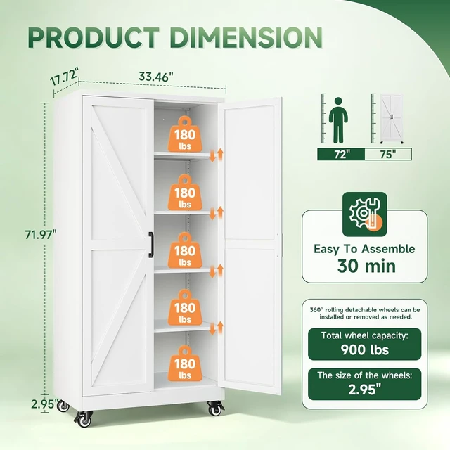 Alt view image 7 of 7 - Metal Garage Storage Cabinet with Wheels,72" Tool Steel Locker, 2 Doors and 4 Shelves,18D x 34W x 72H,Rolling Metal Cabinet for Warehouse,Utility Room,Laundry,Kitchen,Outdoor,Home Office White