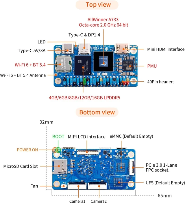 Alt view image 5 of 7 - Zero3W 12GB LPDDR5 AllWinner A733 Octa-core Single Board Computer with 3 Tops NPU, WiFi 6.0/Bluetooth 5.4, Development Board Run Linux/Debian/Ubuntu/Android(12GB)
