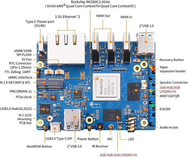 Alt view image 6 of 6 - Pi 5 Plus 4GB/8GB/16GB LPDDR4/4x Rockchip RK3588 8-Core 64-Bit Single Board Computer with eMMC Socket, Development Board Run Orange Pi/Linux/Ubuntu/Debian/Android OS (4GB+Power Supply)