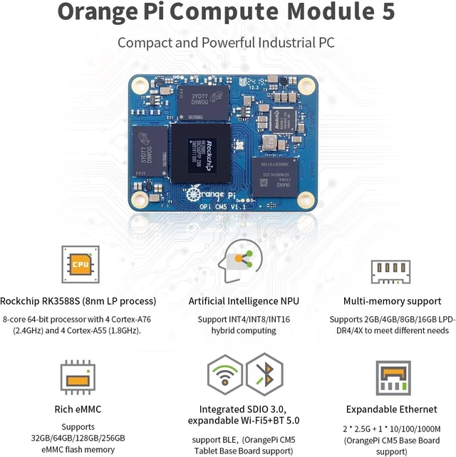 Alt view image 2 of 6 - CM5 Core Board 4GB/8GB/16GB LPDDR4/4x Rockchip RK3588S with 32GB eMMC, Orange Pi CM5 Single Board Computer Run Linux/Ubuntu/Debian/Android OS (4, GB)