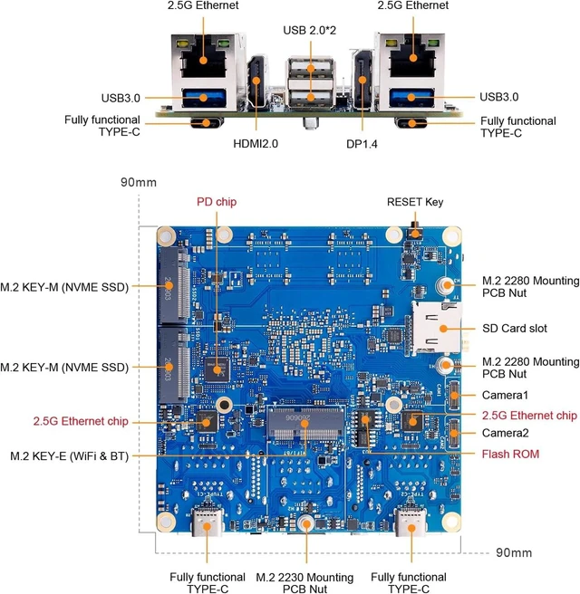 Alt view image 3 of 6 - Pi 6 8GB/16GB LPDDR5 CIX CD8180 12-Core Single Board Computer with Active Cooling System, Support 45 Tops AI Computing Power, Mini PC Run Ubuntu/Debian/Android/Windows/ROS2 (8GB)