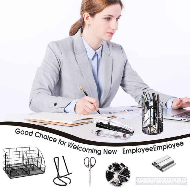 Alt view image 5 of 7 - Black Desk Organizers and Accessories Office Supplies Set Stapler, Pen Holder, Phone Holder, Scissors, Pen, Ruler, 30 Paper Clips, 22 Binder Clip, 20 Tacks and 1000pcs Staples