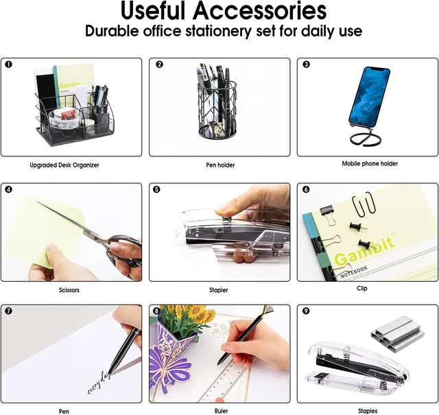 Alt view image 6 of 7 - Black Desk Organizers and Accessories Office Supplies Set Stapler, Pen Holder, Phone Holder, Scissors, Pen, Ruler, 30 Paper Clips, 22 Binder Clip, 20 Tacks and 1000pcs Staples