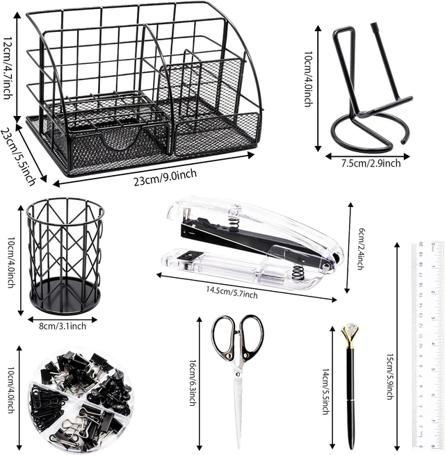 Alt view image 2 of 7 - Black Desk Organizers and Accessories Office Supplies Set Stapler, Pen Holder, Phone Holder, Scissors, Pen, Ruler, 30 Paper Clips, 22 Binder Clip, 20 Tacks and 1000pcs Staples