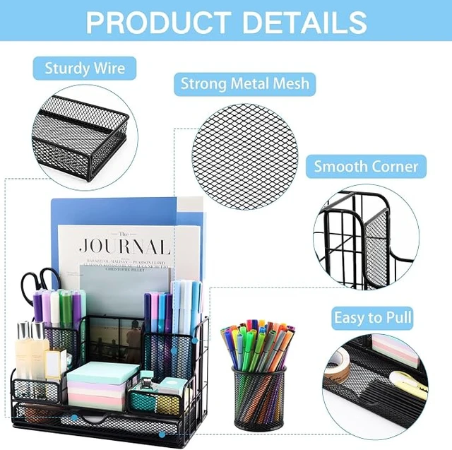 Alt view image 5 of 7 - Desk Organizers Caddy and Accessories with 7 Compartments + Pen Holder / 72 Clips Set, Drawer, Black Mesh Office Supplies Desktop Organizer for Home, Office Ect