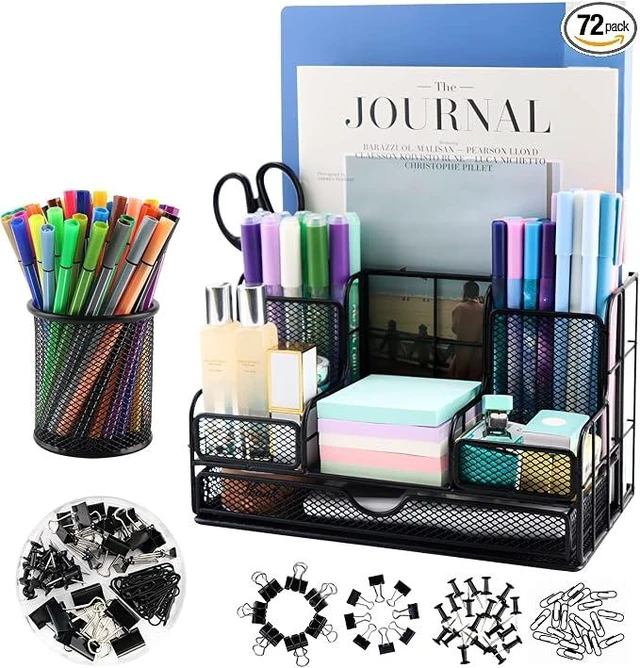 Main image of Desk Organizers Caddy and Accessories with 7 Compartments + Pen Holder / 72 Clips Set, Drawer, Black Mesh Office Supplies Desktop Organizer for Home, Office Ect