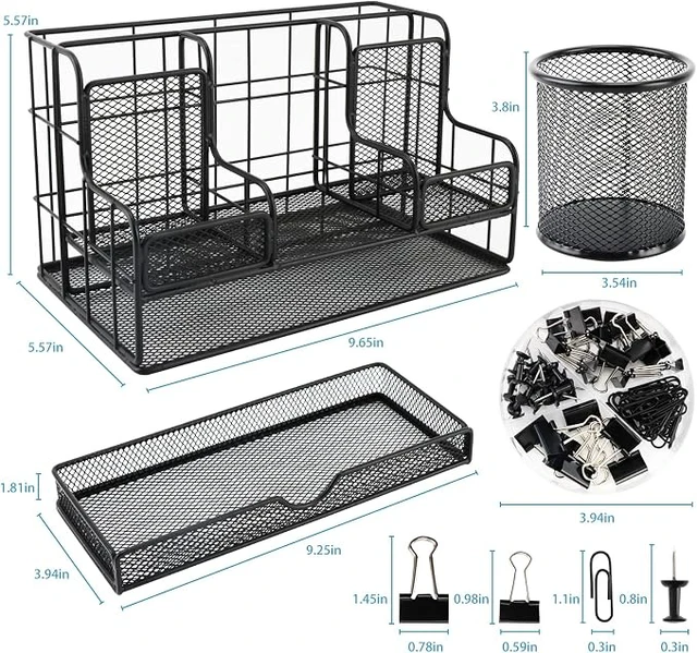 Alt view image 3 of 7 - Desk Organizers Caddy and Accessories with 7 Compartments + Pen Holder / 72 Clips Set, Drawer, Black Mesh Office Supplies Desktop Organizer for Home, Office Ect