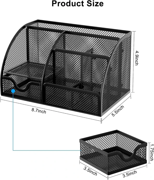 Alt view image 4 of 7 - Mesh Desk Organizer with Drawer Multi-functional Pen Holder Stationery Organizer for Office School Supplies 6 Compartments Dorm Organizers and Storage for Desk, Black