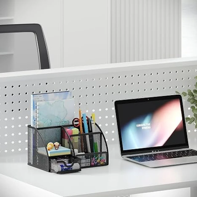 Alt view image 7 of 7 - Mesh Desk Organizer with Drawer Multi-functional Pen Holder Stationery Organizer for Office School Supplies 6 Compartments Dorm Organizers and Storage for Desk, Black