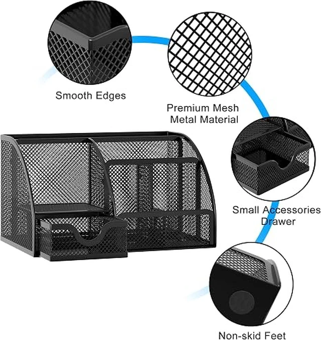 Alt view image 6 of 7 - Mesh Desk Organizer with Drawer Multi-functional Pen Holder Stationery Organizer for Office School Supplies 6 Compartments Dorm Organizers and Storage for Desk, Black