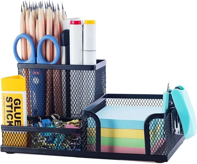 Main image of Mesh Pen Holder Desk Organizers Pencil Holder for Desk Black, 3 Compartments Metal Office Supply Organizer with Sticky Notes Holder for School Home Office