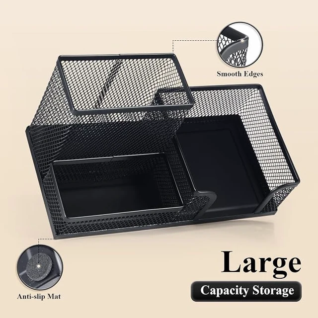 Alt view image 4 of 6 - Mesh Pen Holder Desk Organizers Pencil Holder for Desk Black, 3 Compartments Metal Office Supply Organizer with Sticky Notes Holder for School Home Office