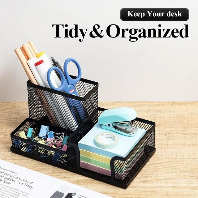Alt view image 2 of 6 - Mesh Pen Holder Desk Organizers Pencil Holder for Desk Black, 3 Compartments Metal Office Supply Organizer with Sticky Notes Holder for School Home Office