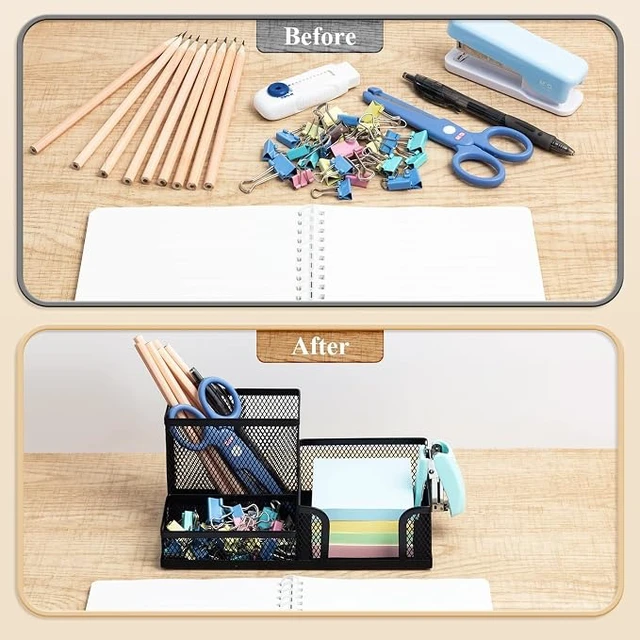 Alt view image 6 of 6 - Mesh Pen Holder Desk Organizers Pencil Holder for Desk Black, 3 Compartments Metal Office Supply Organizer with Sticky Notes Holder for School Home Office