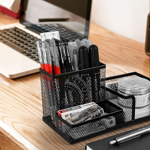 Alt view image 3 of 6 - Mesh Pen Holder Desk Organizers Pencil Holder for Desk Black, 3 Compartments Metal Office Supply Organizer with Sticky Notes Holder for School Home Office
