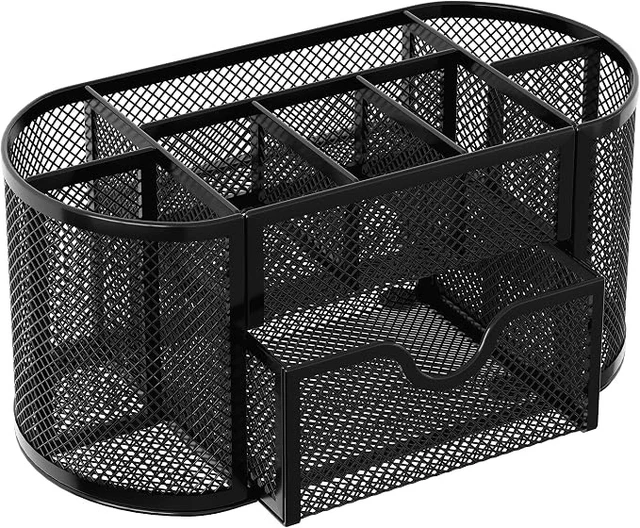 Alt view image 3 of 7 - Mesh Pen Holder Desk Organizer with Drawer Stationery Supplies Organizer for Dorm School 9 Compartments Workspace Desk Accessories Organization for Office, Black