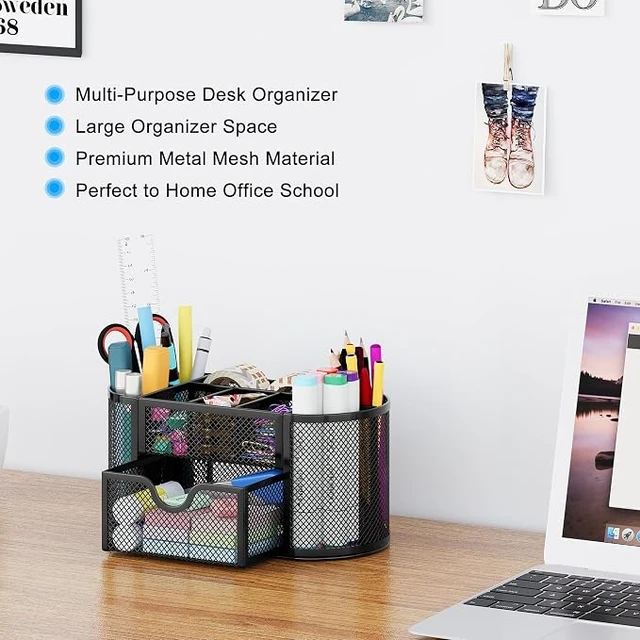 Alt view image 4 of 7 - Mesh Pen Holder Desk Organizer with Drawer Stationery Supplies Organizer for Dorm School 9 Compartments Workspace Desk Accessories Organization for Office, Black