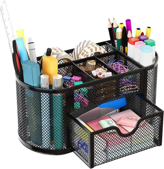 Main image of Mesh Pen Holder Desk Organizer with Drawer Stationery Supplies Organizer for Dorm School 9 Compartments Workspace Desk Accessories Organization for Office, Black