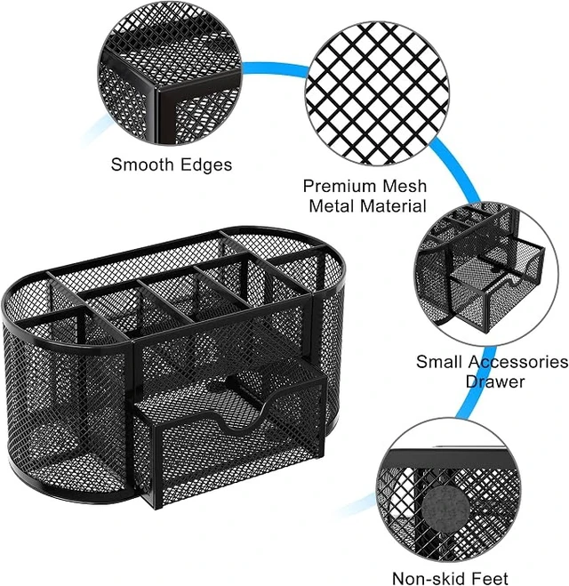 Alt view image 5 of 7 - Mesh Pen Holder Desk Organizer with Drawer Stationery Supplies Organizer for Dorm School 9 Compartments Workspace Desk Accessories Organization for Office, Black