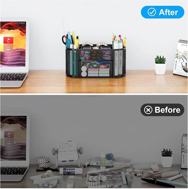 Alt view image 7 of 7 - Mesh Pen Holder Desk Organizer with Drawer Stationery Supplies Organizer for Dorm School 9 Compartments Workspace Desk Accessories Organization for Office, Black