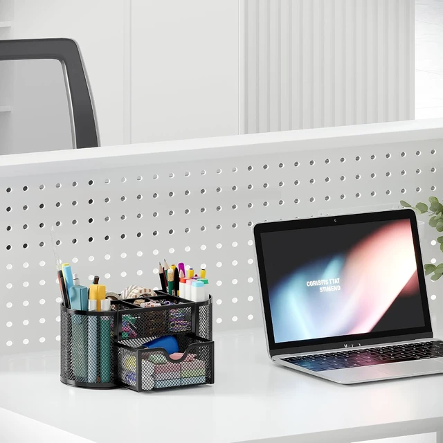 Alt view image 6 of 7 - Mesh Pen Holder Desk Organizer with Drawer Stationery Supplies Organizer for Dorm School 9 Compartments Workspace Desk Accessories Organization for Office, Black