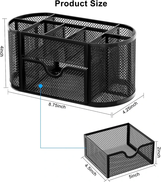 Alt view image 2 of 7 - Mesh Pen Holder Desk Organizer with Drawer Stationery Supplies Organizer for Dorm School 9 Compartments Workspace Desk Accessories Organization for Office, Black