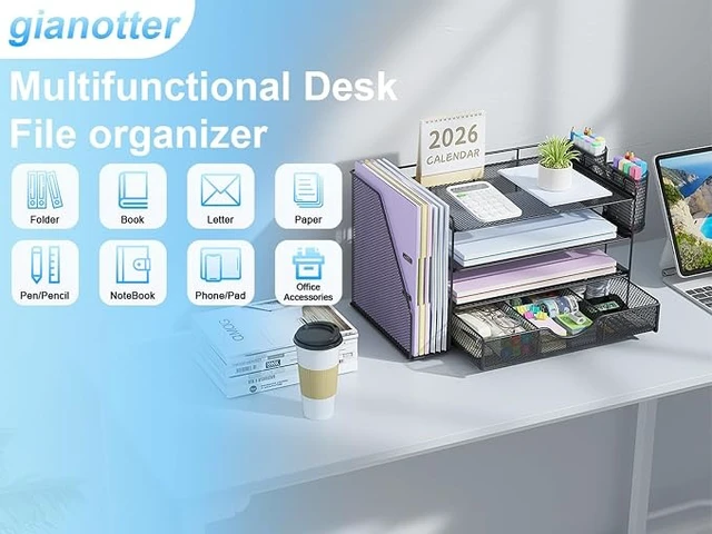 Alt view image 4 of 7 - Metal Mesh Desk Organizers and Accessories with File Holder
4-Tier with Drawer and 2 Pen Holder, Desk Accessories & Workspace Organizers, Paper Organizer for Office Supplies (Black)