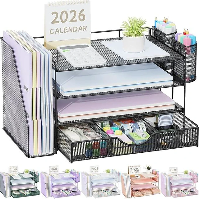 Main image of Metal Mesh Desk Organizers and Accessories with File Holder
4-Tier with Drawer and 2 Pen Holder, Desk Accessories & Workspace Organizers, Paper Organizer for Office Supplies (Black)