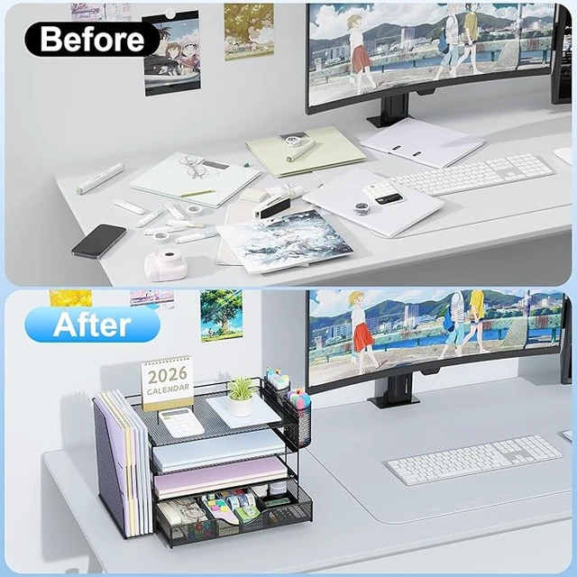 Alt view image 6 of 7 - Metal Mesh Desk Organizers and Accessories with File Holder
4-Tier with Drawer and 2 Pen Holder, Desk Accessories & Workspace Organizers, Paper Organizer for Office Supplies (Black)