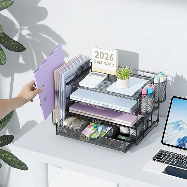 Alt view image 7 of 7 - Metal Mesh Desk Organizers and Accessories with File Holder
4-Tier with Drawer and 2 Pen Holder, Desk Accessories & Workspace Organizers, Paper Organizer for Office Supplies (Black)