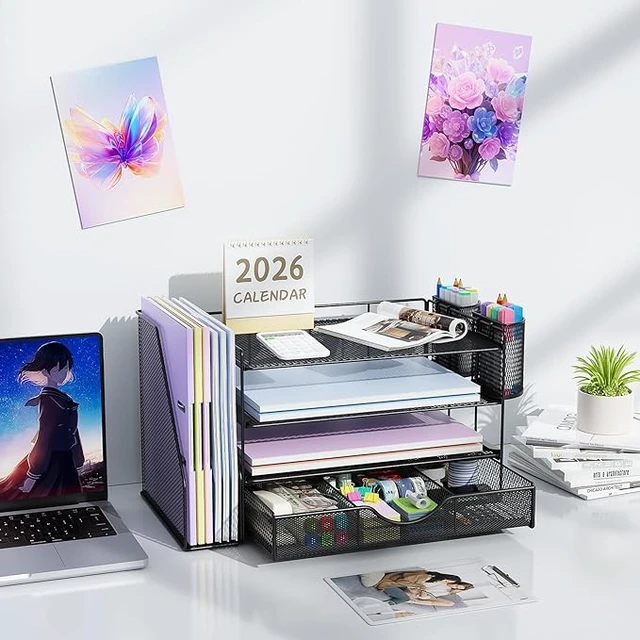 Alt view image 5 of 7 - Metal Mesh Desk Organizers and Accessories with File Holder
4-Tier with Drawer and 2 Pen Holder, Desk Accessories & Workspace Organizers, Paper Organizer for Office Supplies (Black)