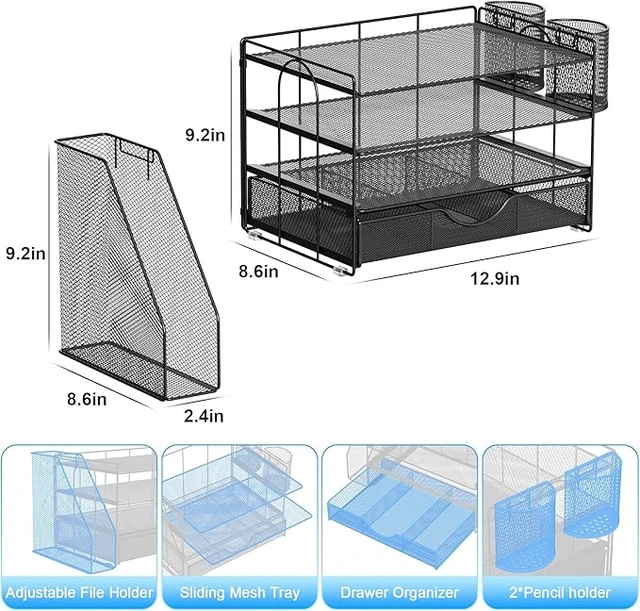 Alt view image 3 of 7 - Metal Mesh Desk Organizers and Accessories with File Holder
4-Tier with Drawer and 2 Pen Holder, Desk Accessories & Workspace Organizers, Paper Organizer for Office Supplies (Black)